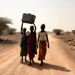 **Prompt 1: Daily Struggle for Water**
    "A powerful image of Senegalese women and young girls, their figures silhouetted against a dusty, sun-scorched rural landscape, walking long distances while carrying heavy jerrycans of water. Show their quiet determination and the arduous, daily ritual to access this vital resource, with a distant, dry well under a harsh, clear sky. Focus on human resilience amidst scarcity."
