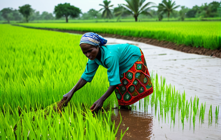Senegal Rainy Season**

"Lush green rice paddies in Senegal during the rainy season, women in colorful modest clothing planting rice, vibrant landscape, flowing river, safe for work, appropriate content, fully clothed, professional photography, perfect anatomy, natural proportions, high quality."

**