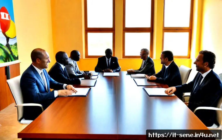 세네갈과 유럽의 관계 - Photorealistic diplomatic meeting between Senegalese and Italian representatives in a bright modern ...