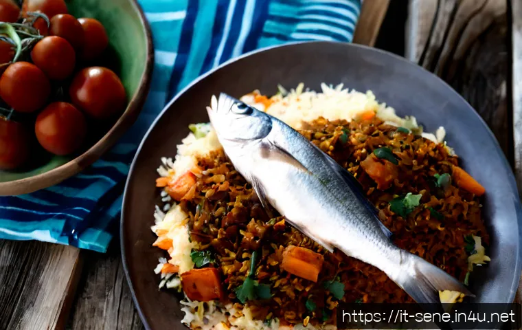 세네갈 유명 요리 - Photorealistic overhead food photography of Senegalese thieboudienne, a generous communal platter of...